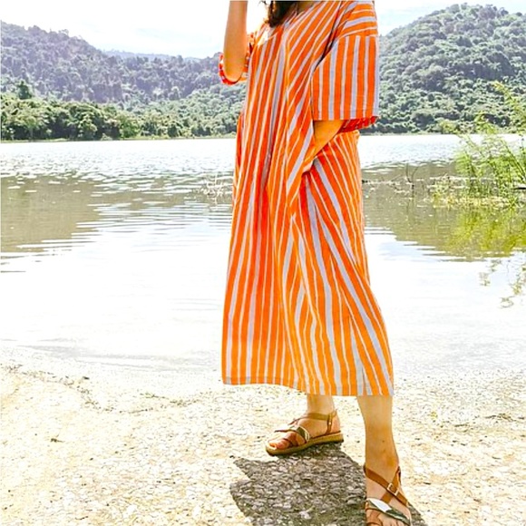 Marimekko Dresses & Skirts - Marimekko x Uniqlo Orange and Blue striped Kaftan Dress